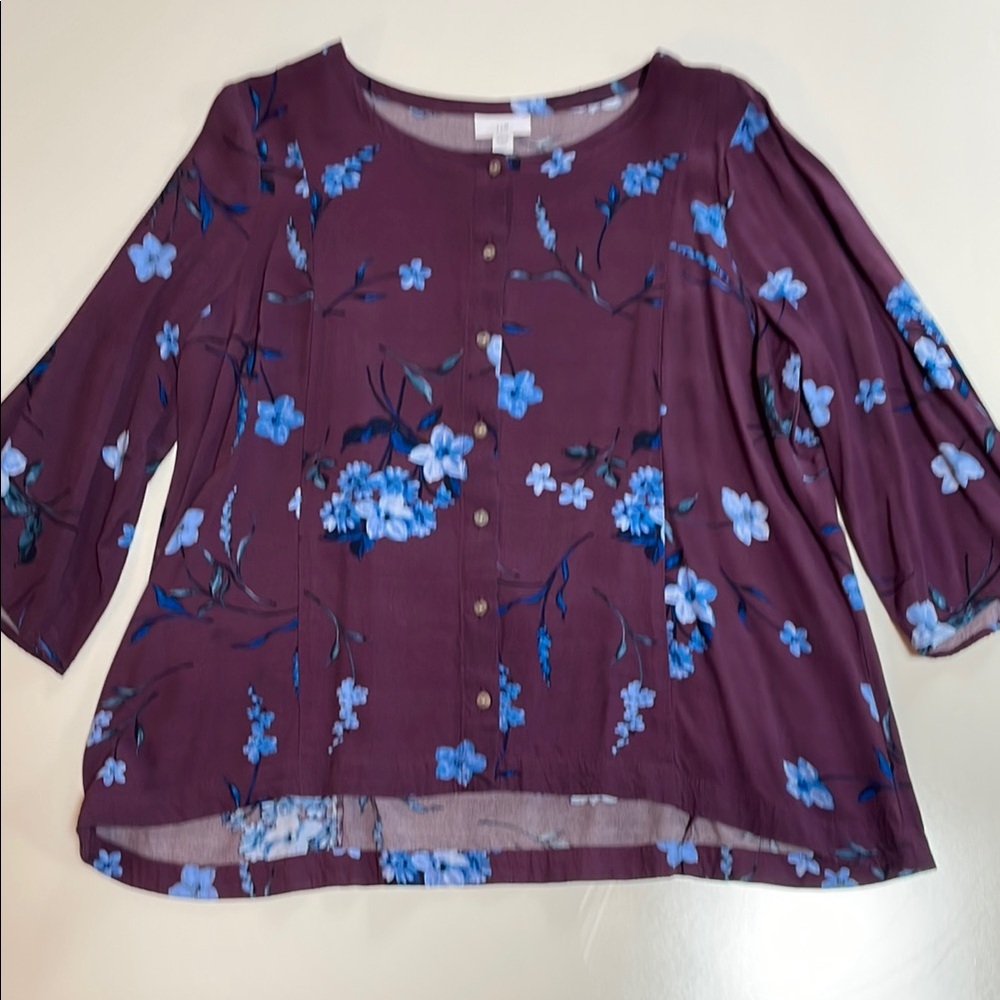 Talbots purple button front top with blue floral design PL
